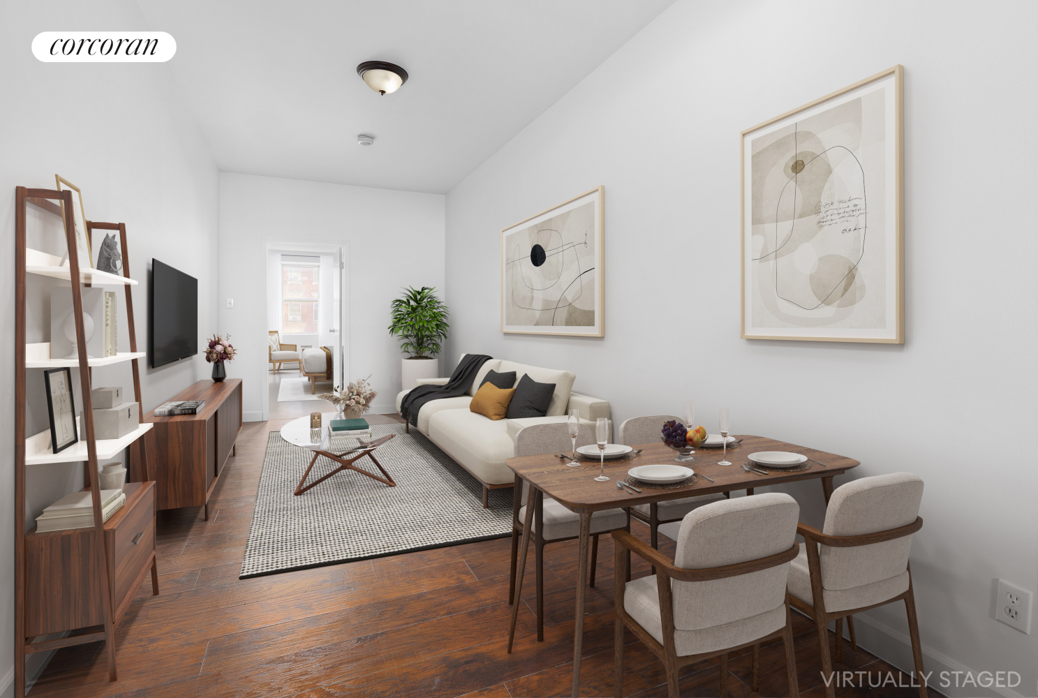 a living room with furniture a large window and a flat screen tv