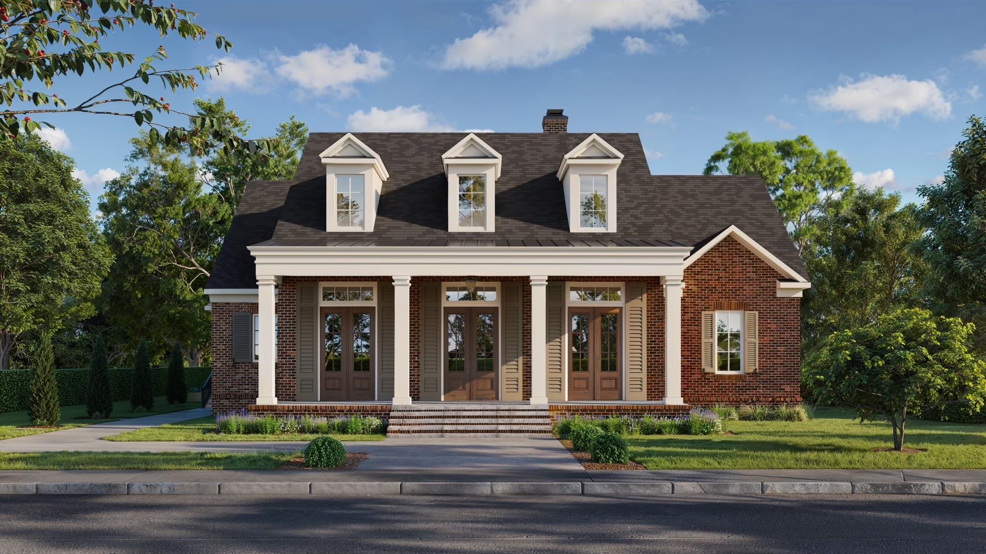 a view of a brick house with a yard in front of it