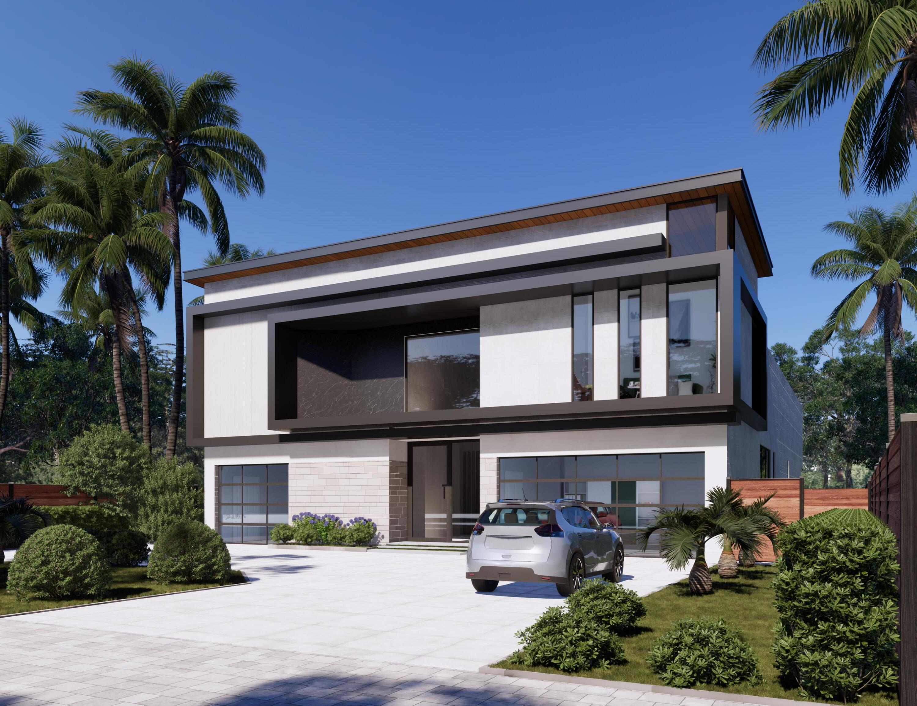 a front view of a house with garage and plants