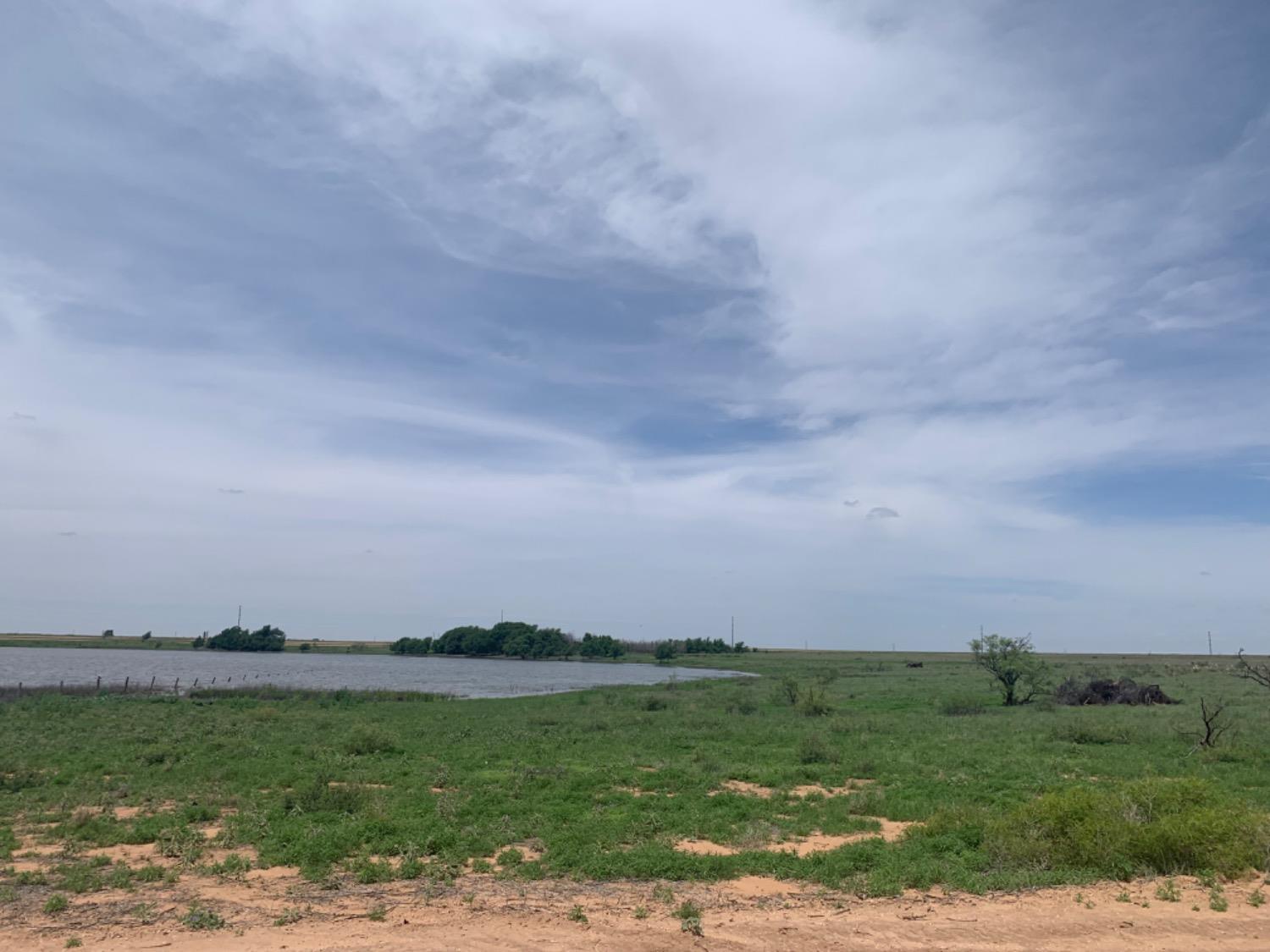 a view of a lake with a field