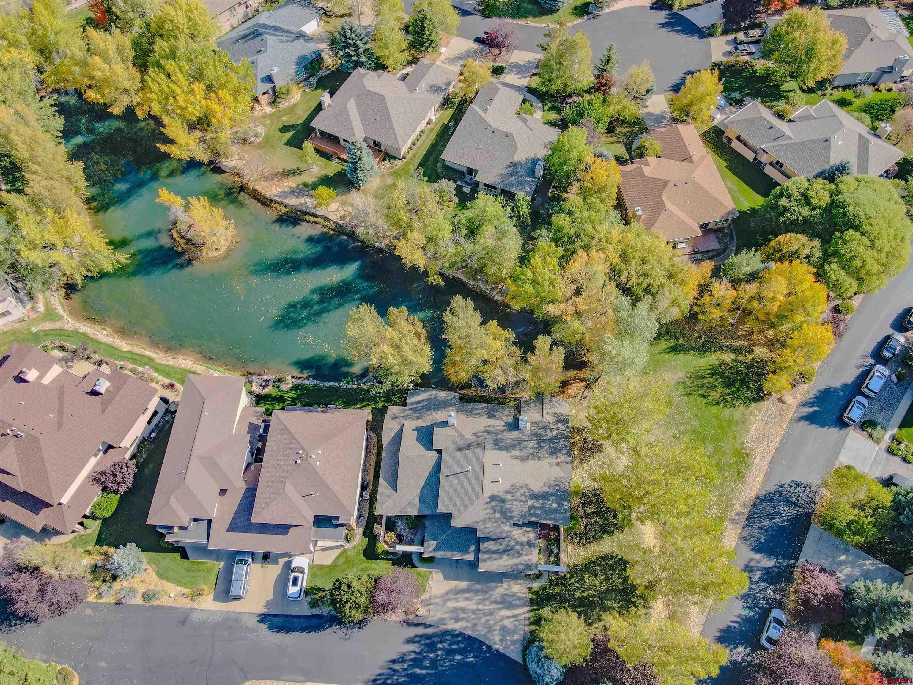 an aerial view of a house with a yard and large trees