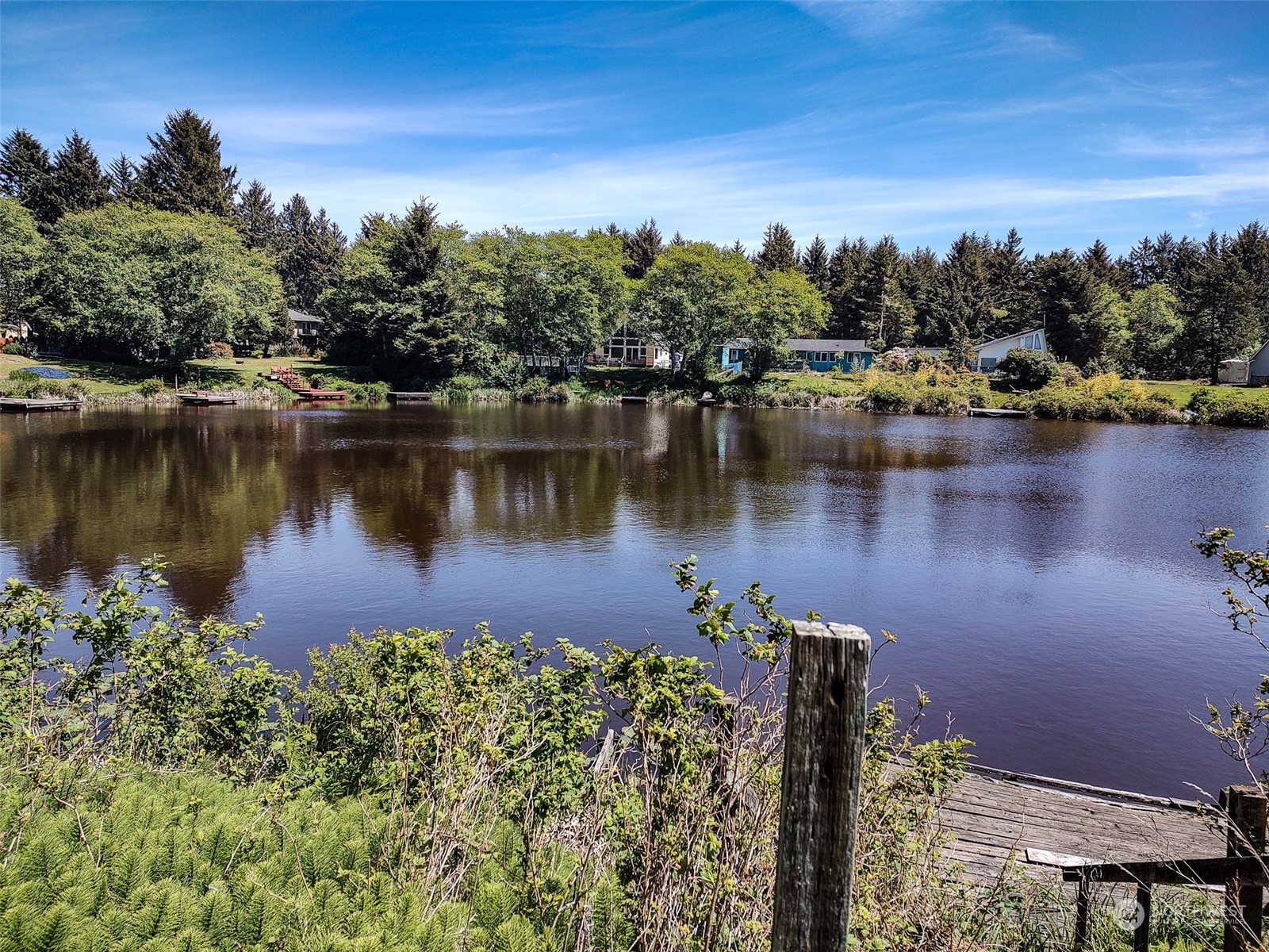 a view of a lake with houses in the back