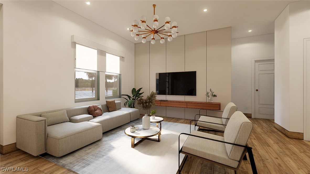 a living room with furniture a flat screen tv and a large window