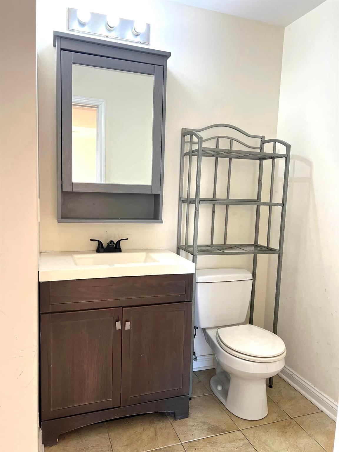 a bathroom with a toilet a sink a vanity and mirror