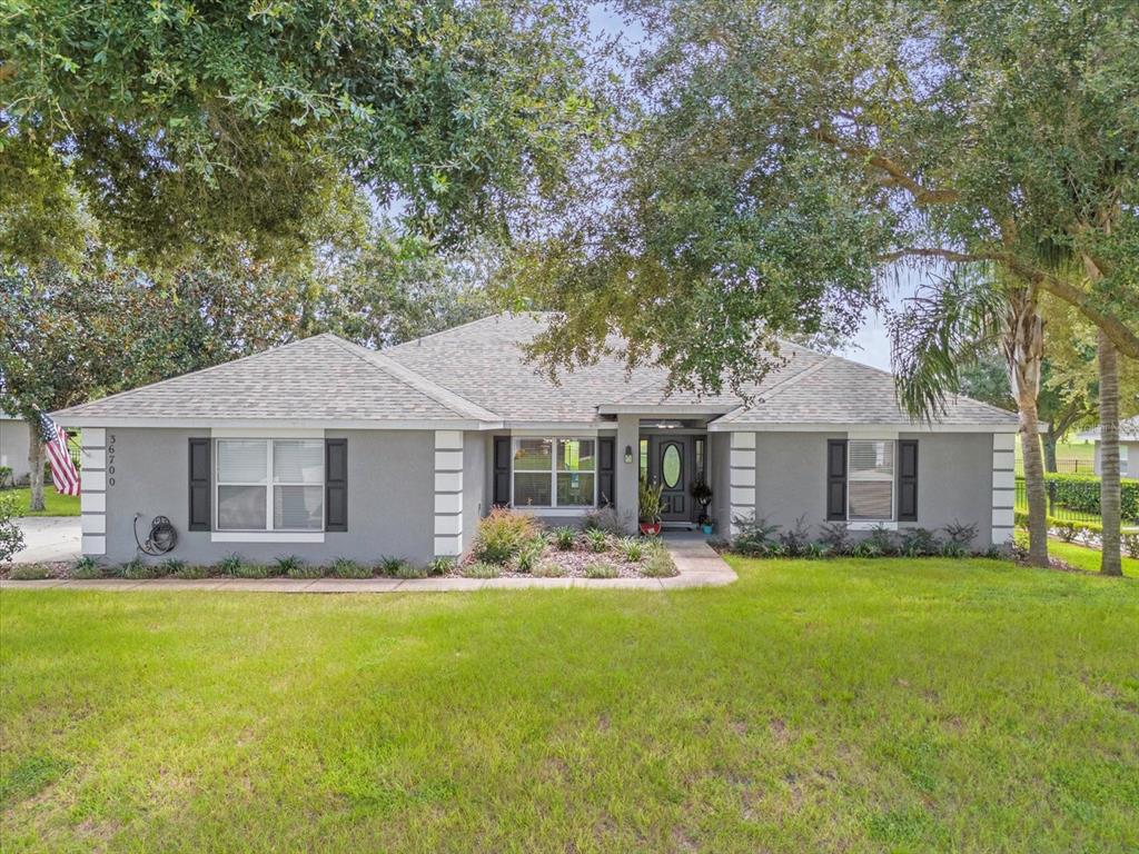 a front view of house with yard and green space