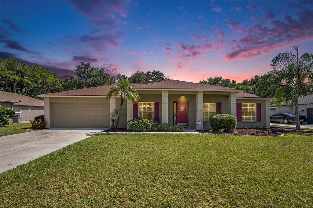 a front view of a house with a yard and garage