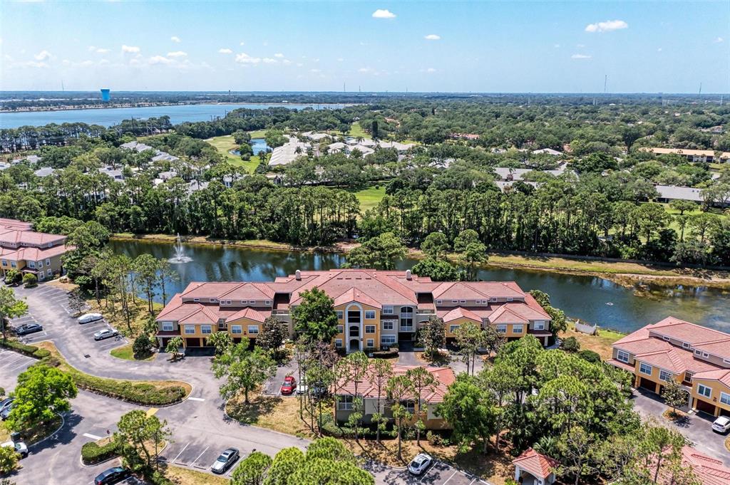 an aerial view of a houses with a lake view