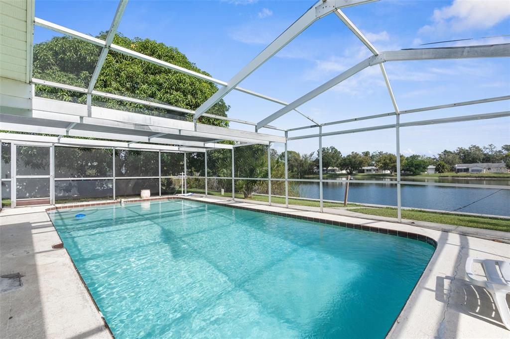 a view of a backyard with a swimming pool