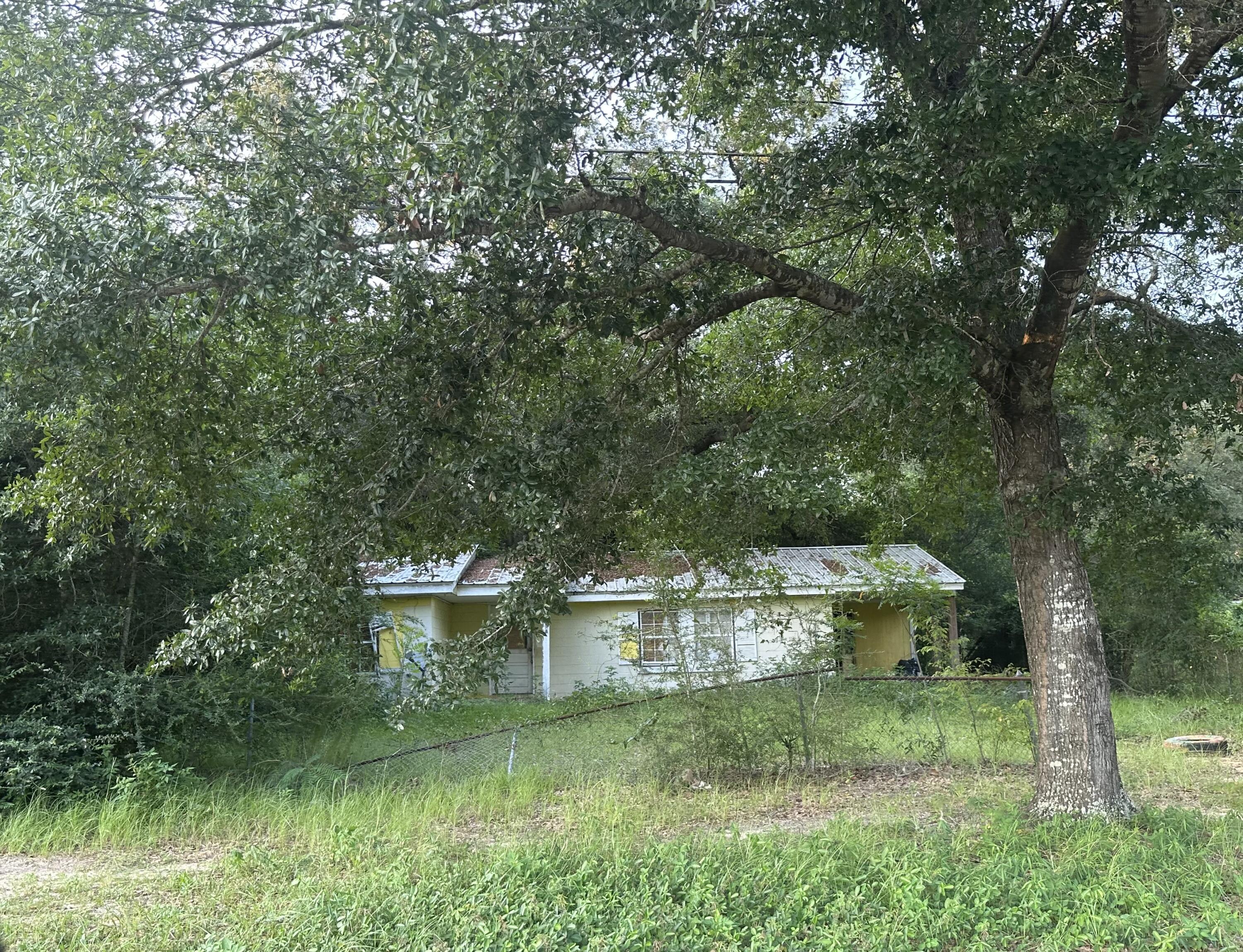 a backyard of a house with yard and trampoline