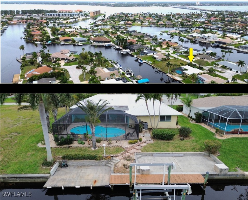 an aerial view of residential houses with outdoor space and swimming pool