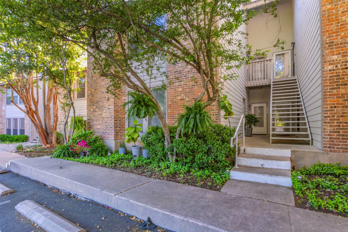 a front view of a house with plants and trees