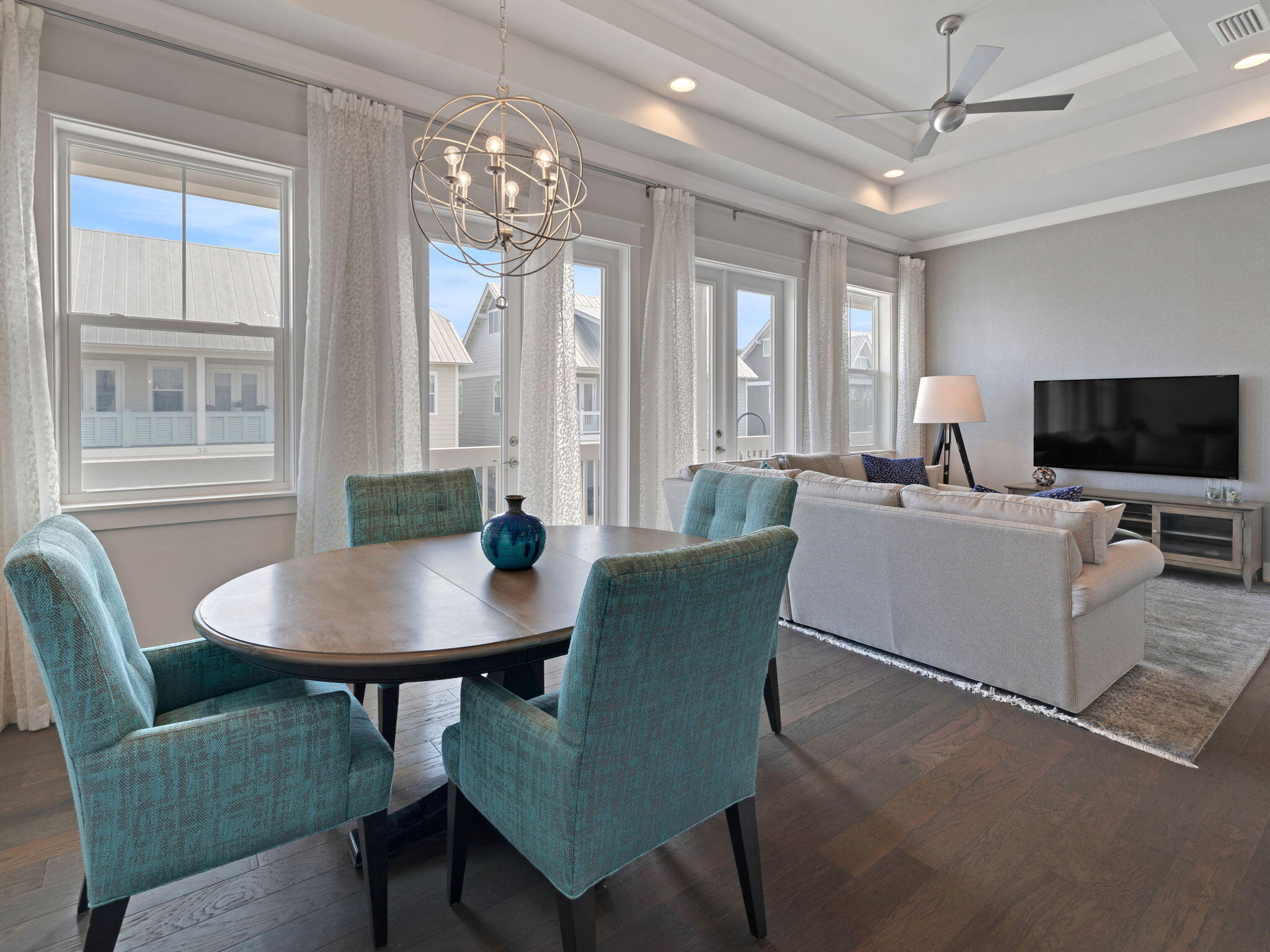 a view of a dining room with furniture window and outside view