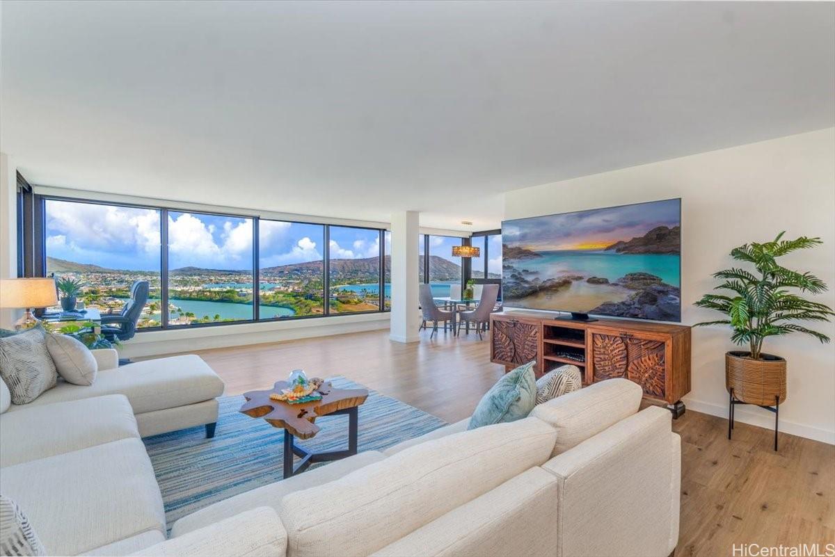 Spacious living and dining area. Wonderful views looking East towards Koko Head and Maunalua Bay. Amazing sunrises.