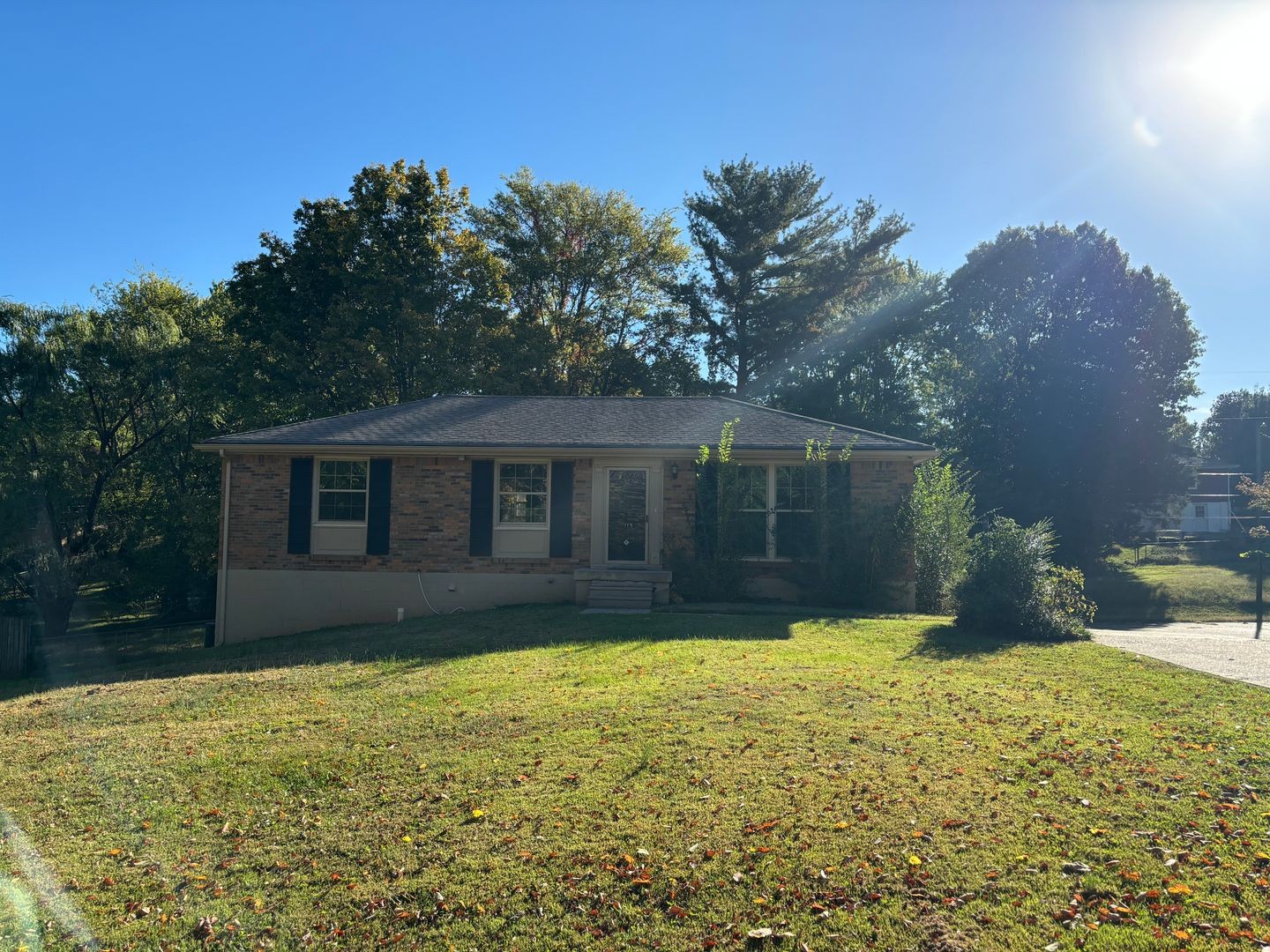 a front view of house with yard and trees in the background