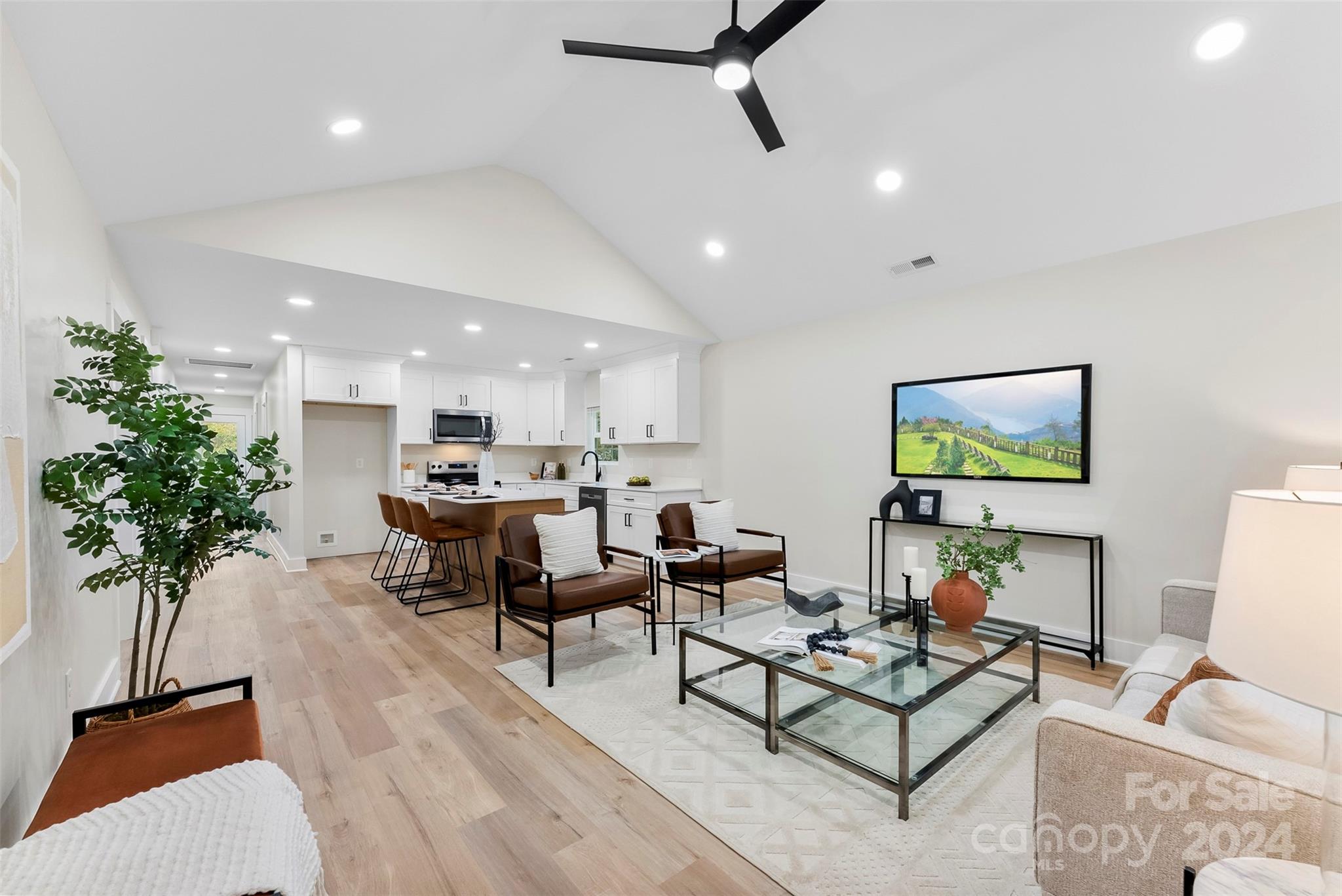 a living room with furniture and a potted plant