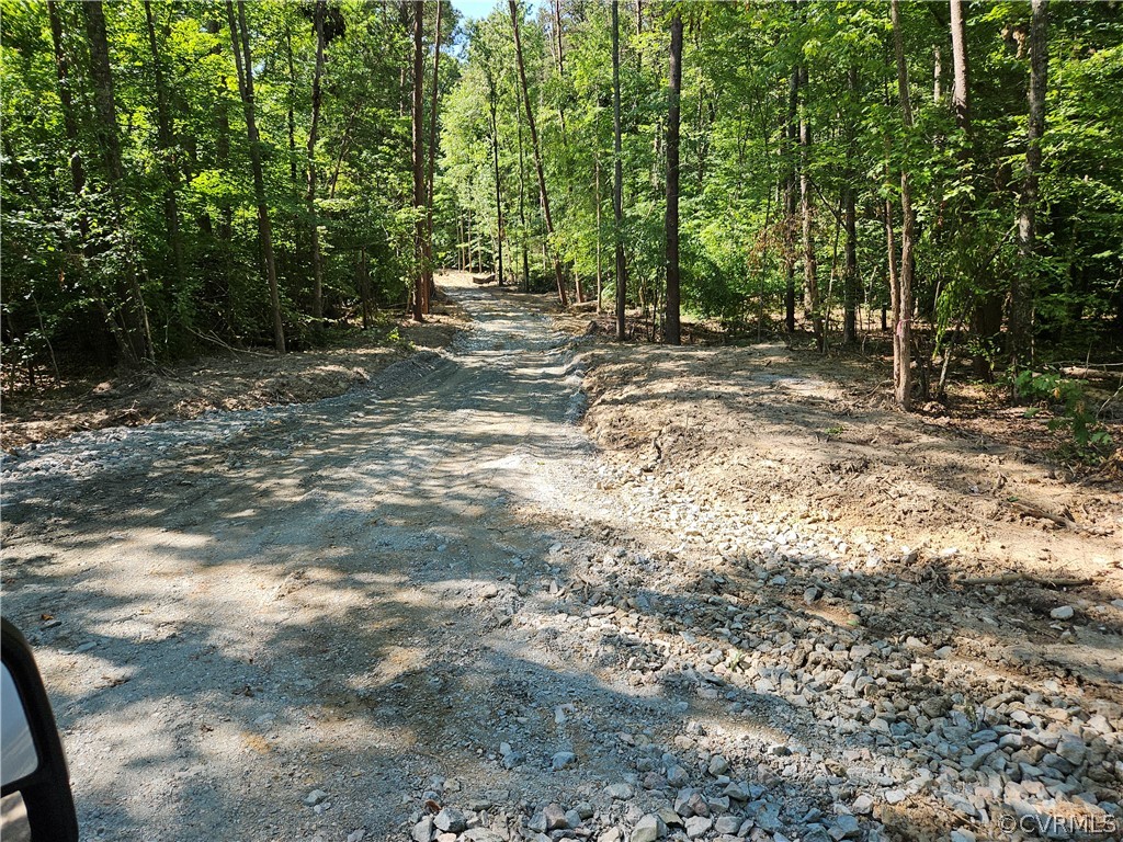 a view of outdoor space with trees all around