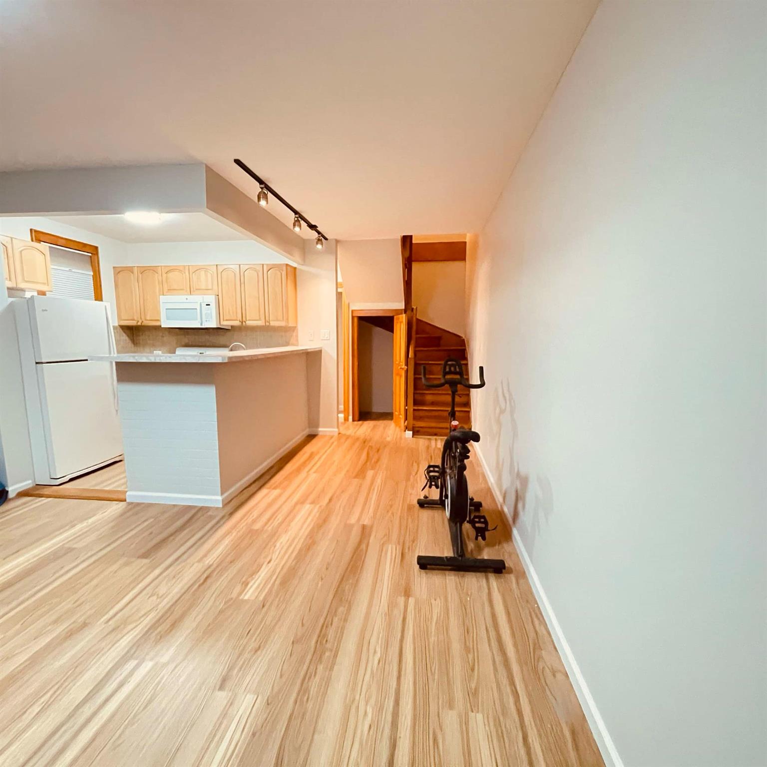 Unfurnished living room featuring track lighting and light hardwood / wood-style flooring