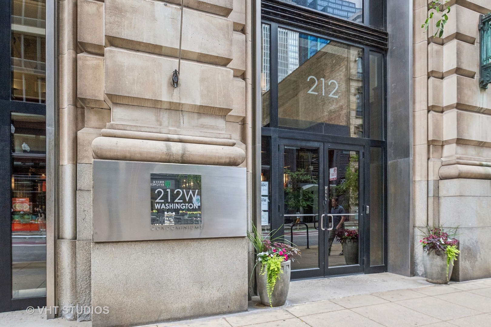 a front view of a building with a glass door