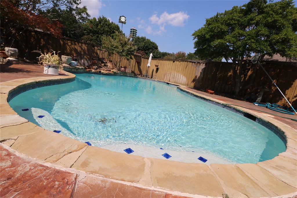 a view of a swimming pool with a yard and plants