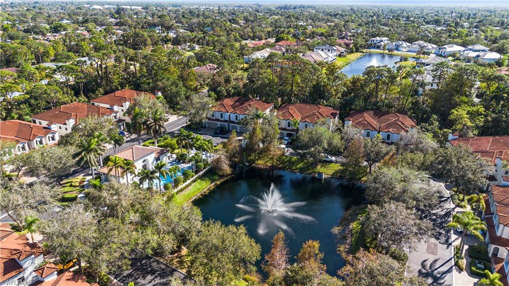 Birds eye view of Serrano Coach Homes with view of fountain/lake