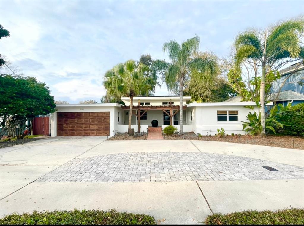 front view of a house with a patio