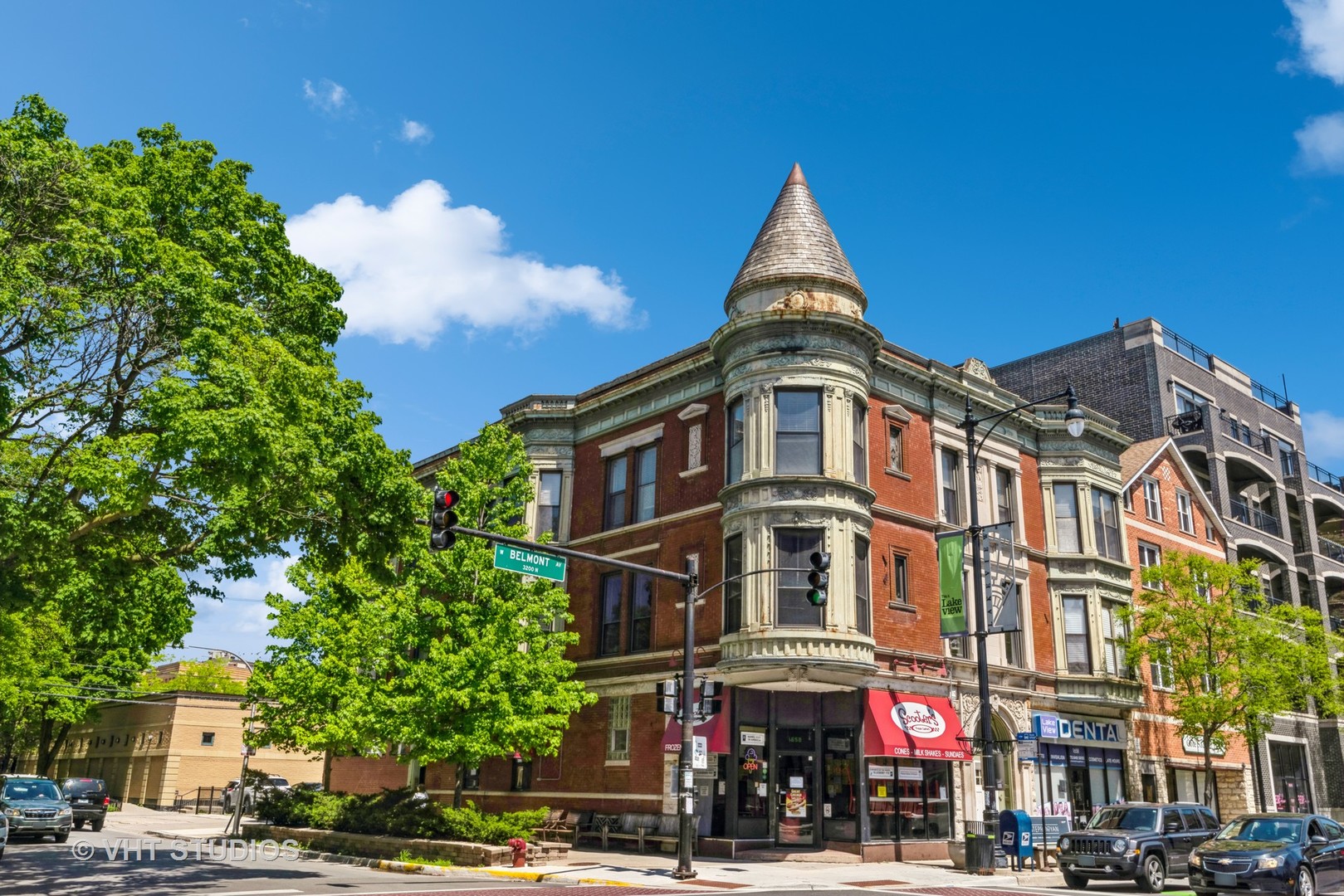 a view of a building and a street