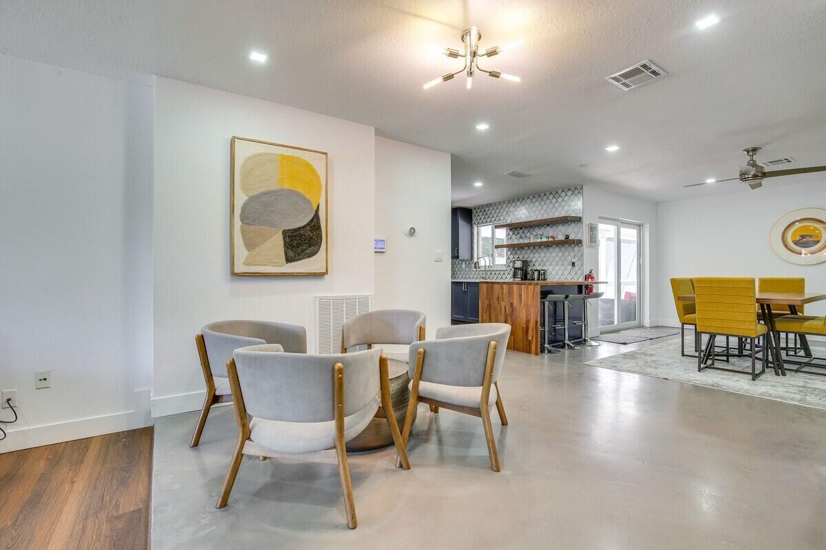 a view of a dining room with furniture