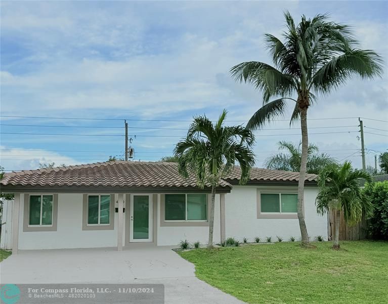 a front view of house with yard and palm tree