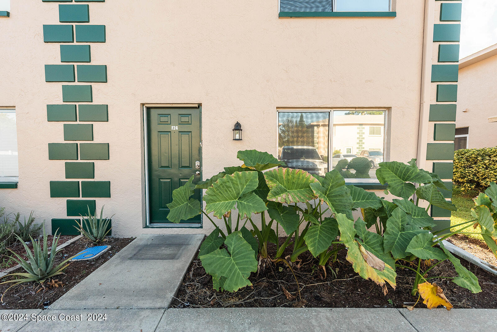 a backyard of a house with potted plants