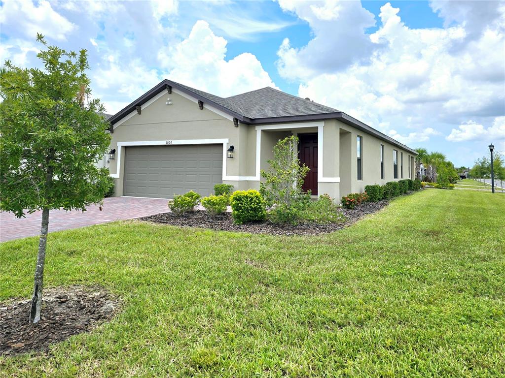 a front view of house with yard and green space