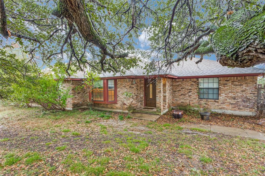 a view of a house with backyard and a tree