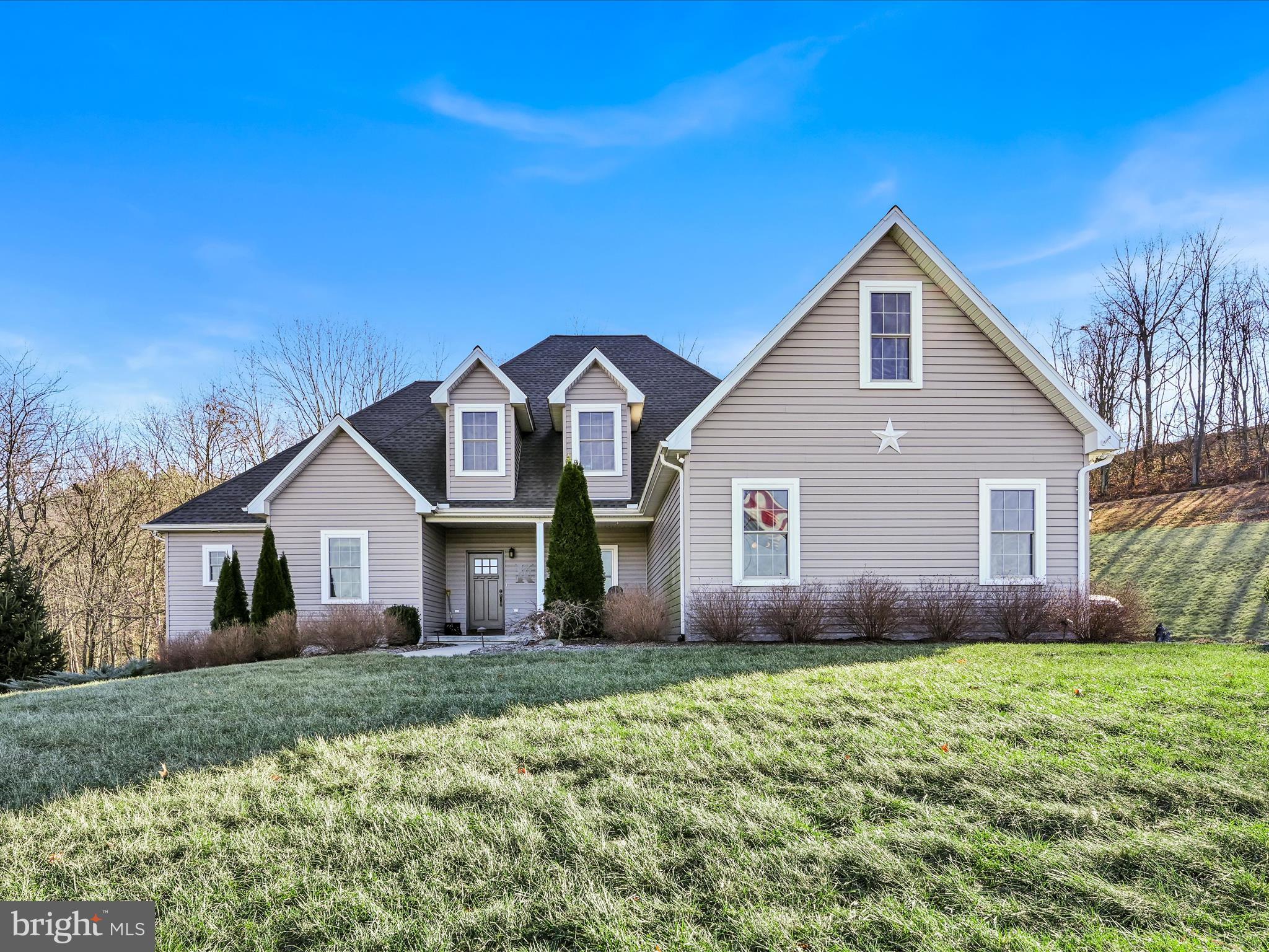 a front view of house with yard and green space