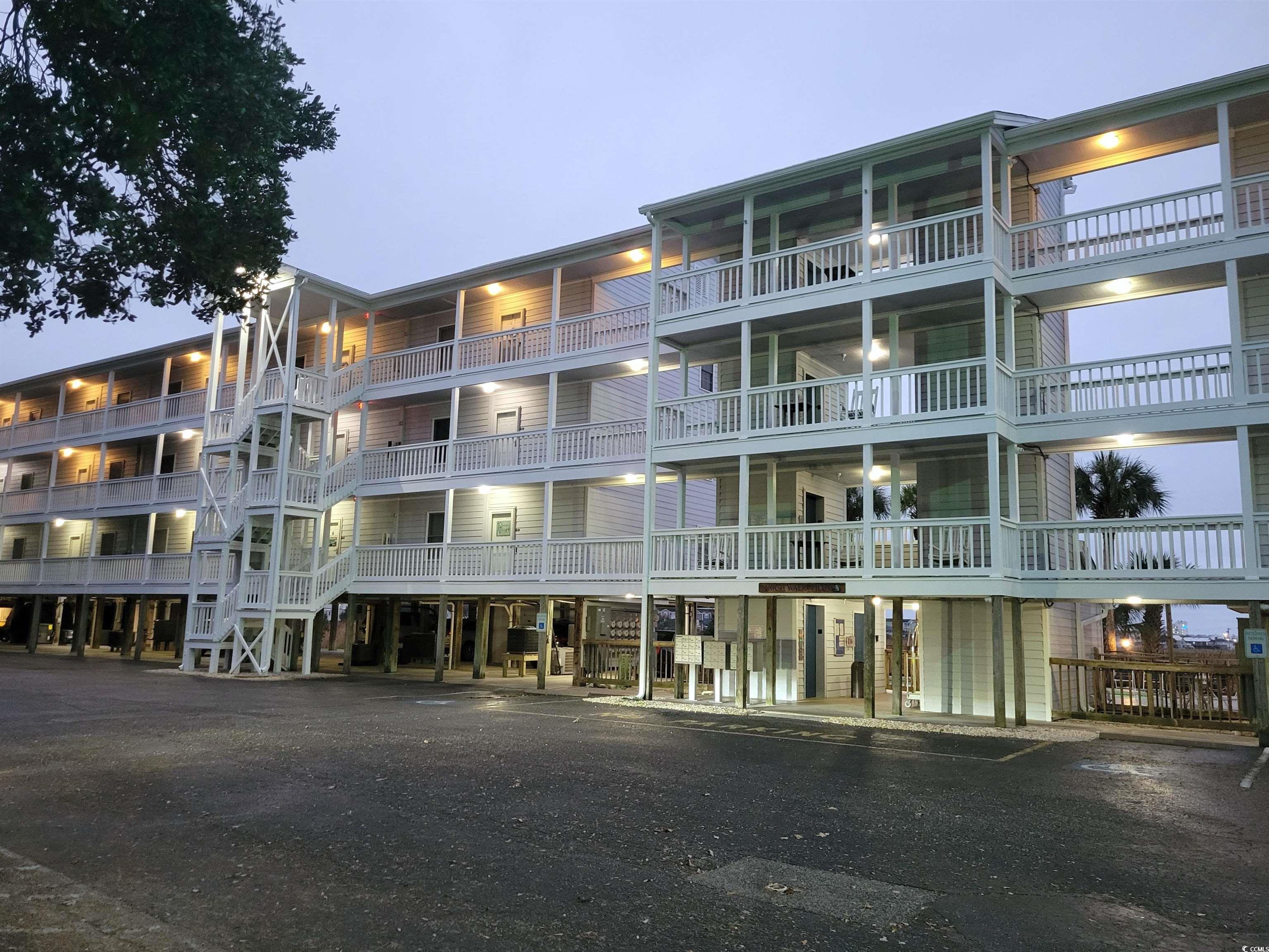 View of outdoor building at dusk