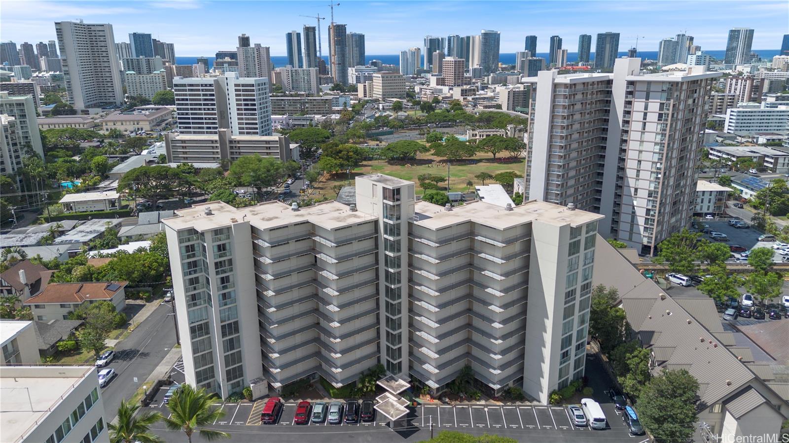 a view of a city with tall buildings