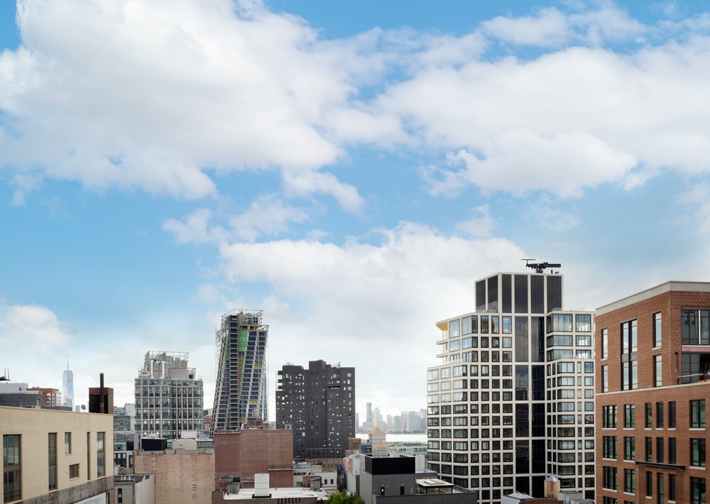 a city view with tall buildings