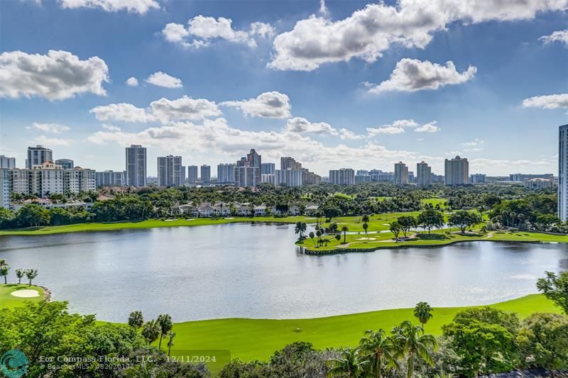 a view of a lake with a city