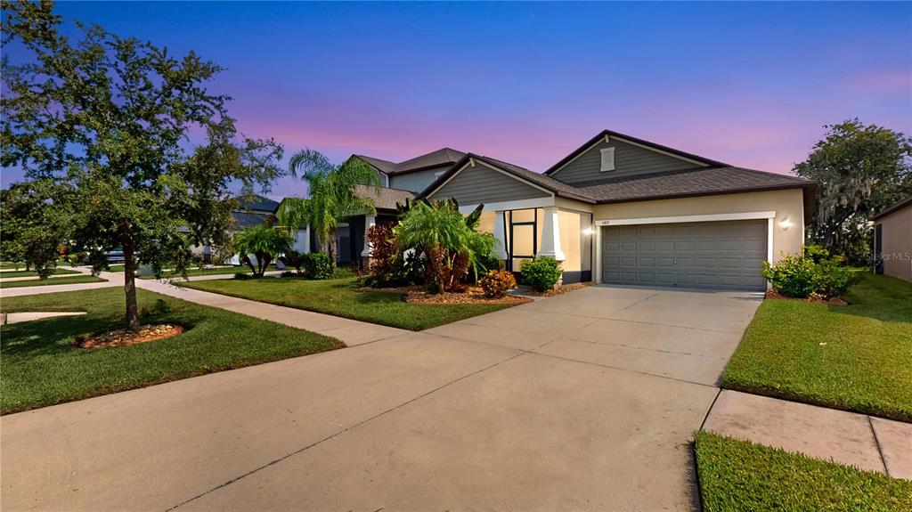 a front view of house with yard and green space