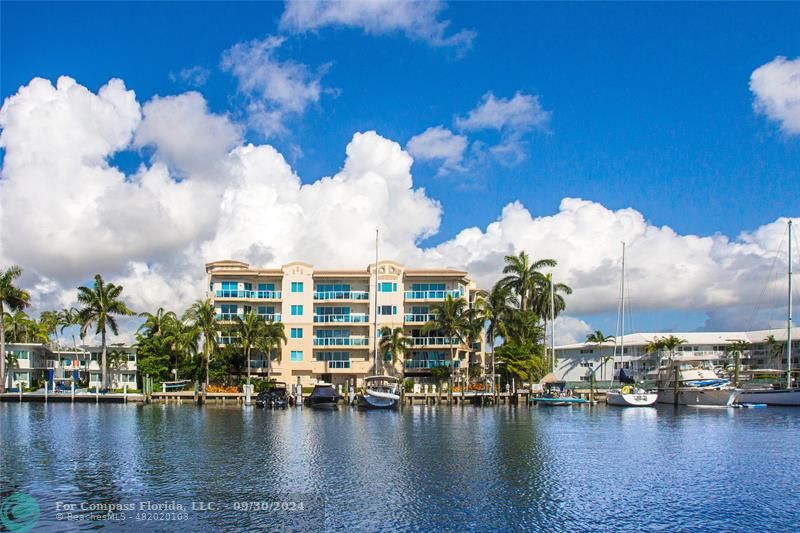 a view of a lake with houses