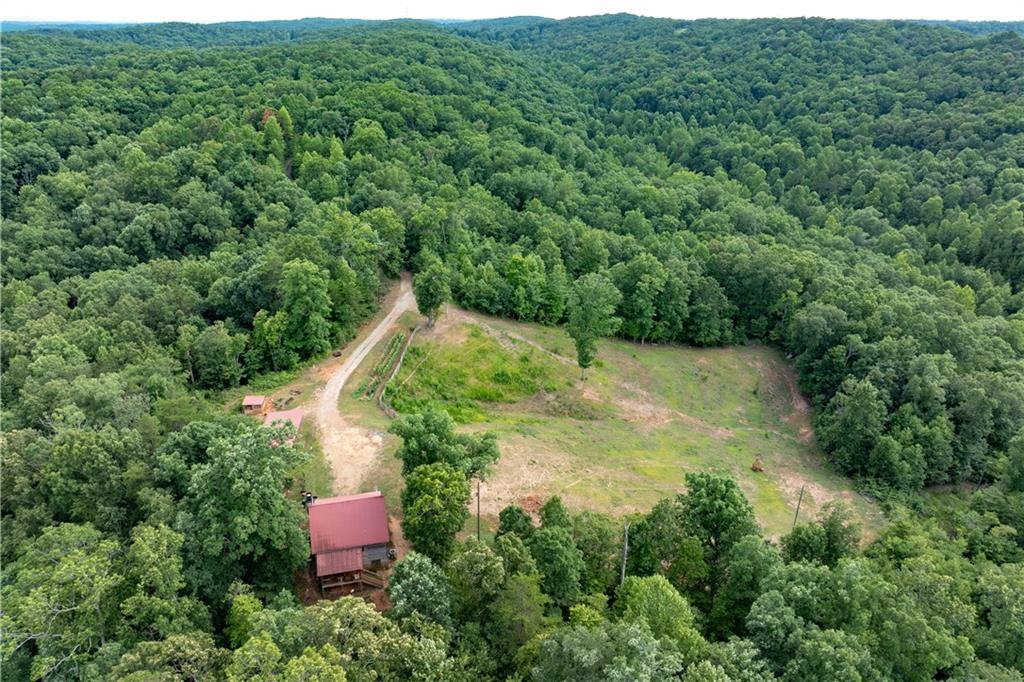 an aerial view of residential house with outdoor space and trees all around