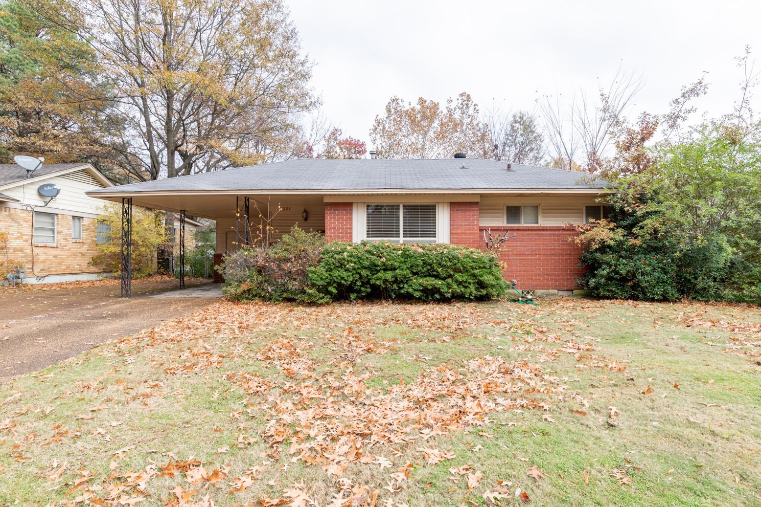 Ranch-style house featuring a front lawn and a carport