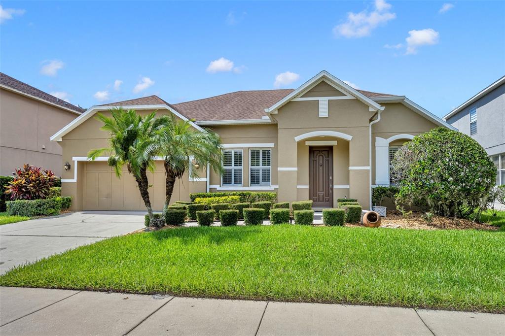 a front view of a house with a yard and green space