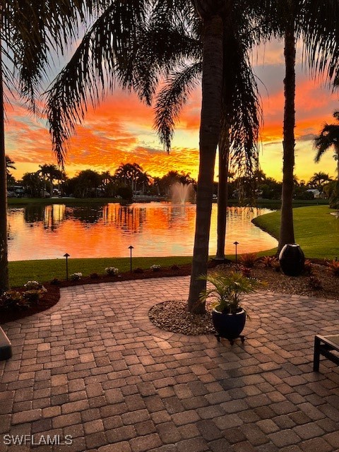 a view of a lake with a yard and palm trees