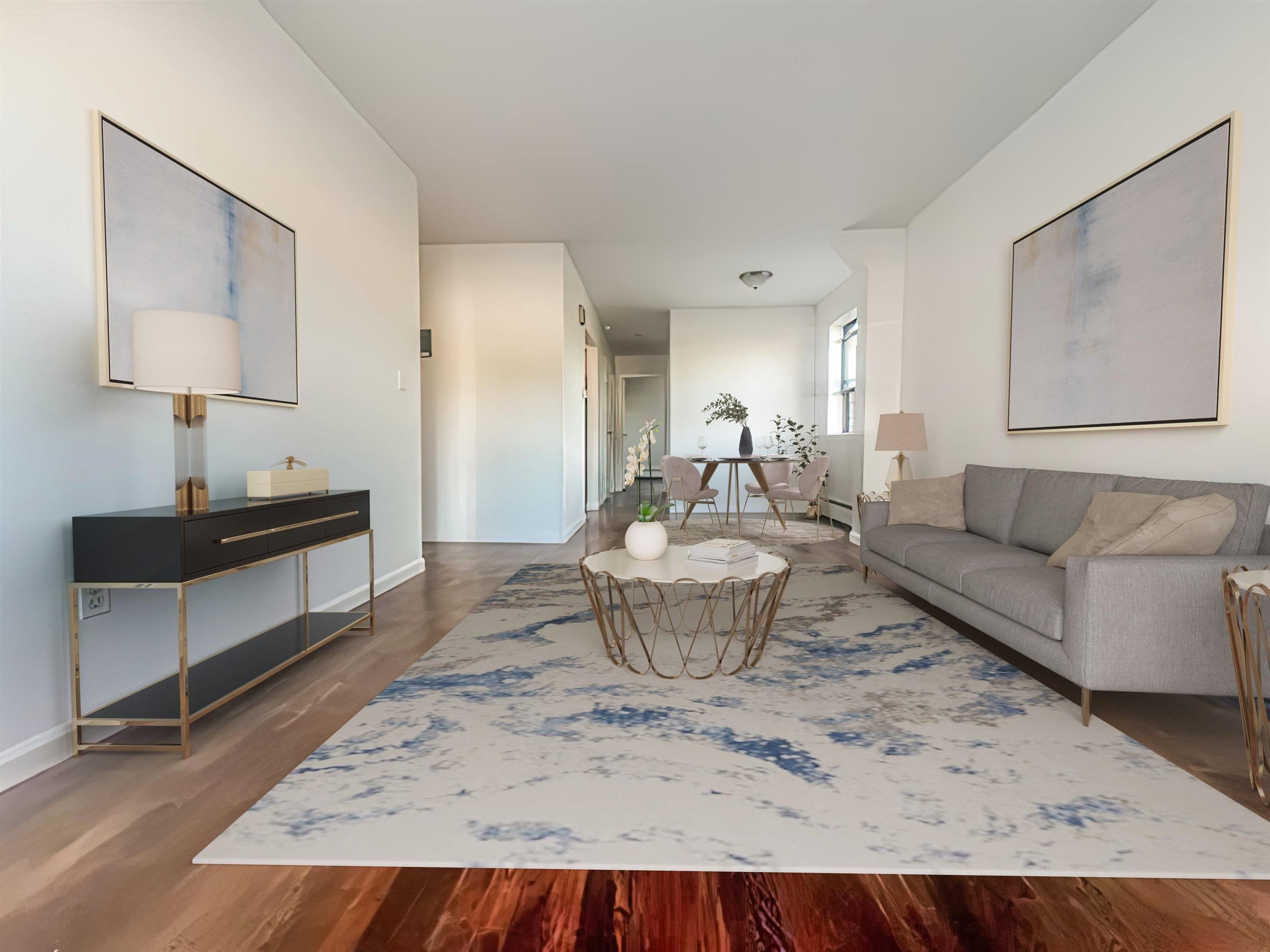 a living room with furniture and a table