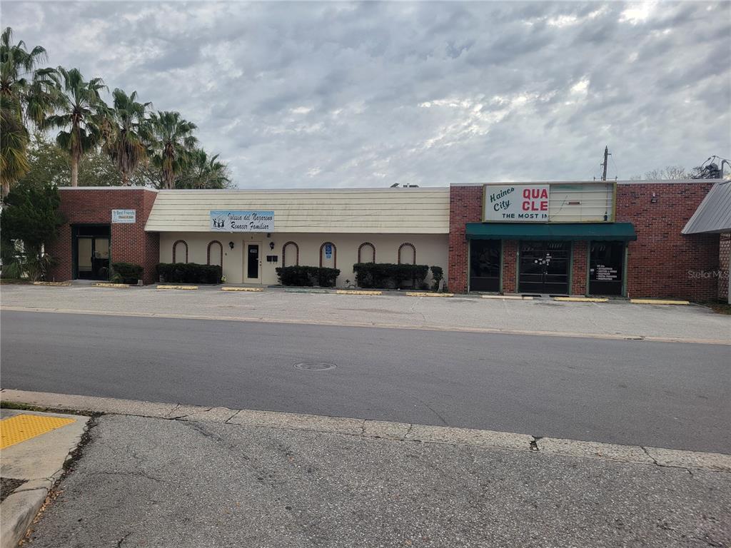 front view of a building with a street