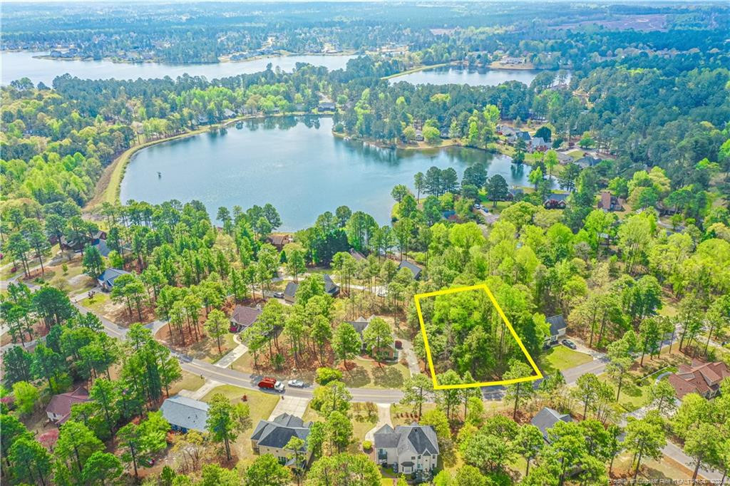 an aerial view of residential houses with outdoor space and lake view