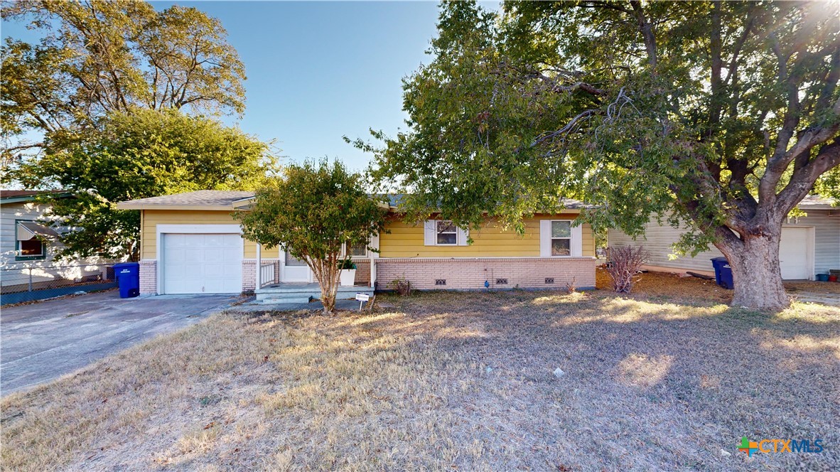 a view of a house with a yard and tree