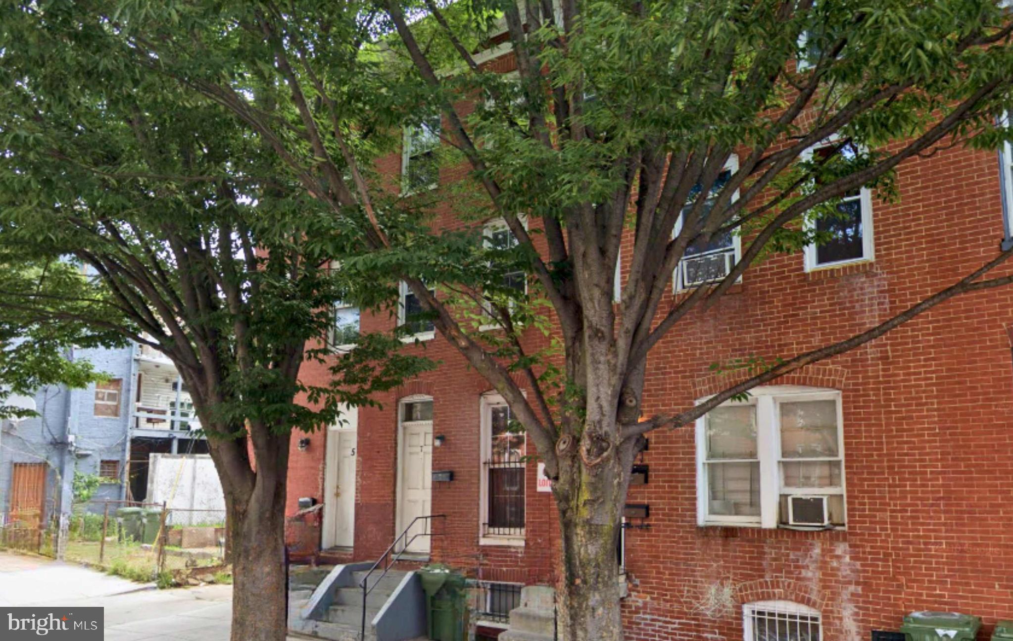 a tree in front of a brick house with large trees