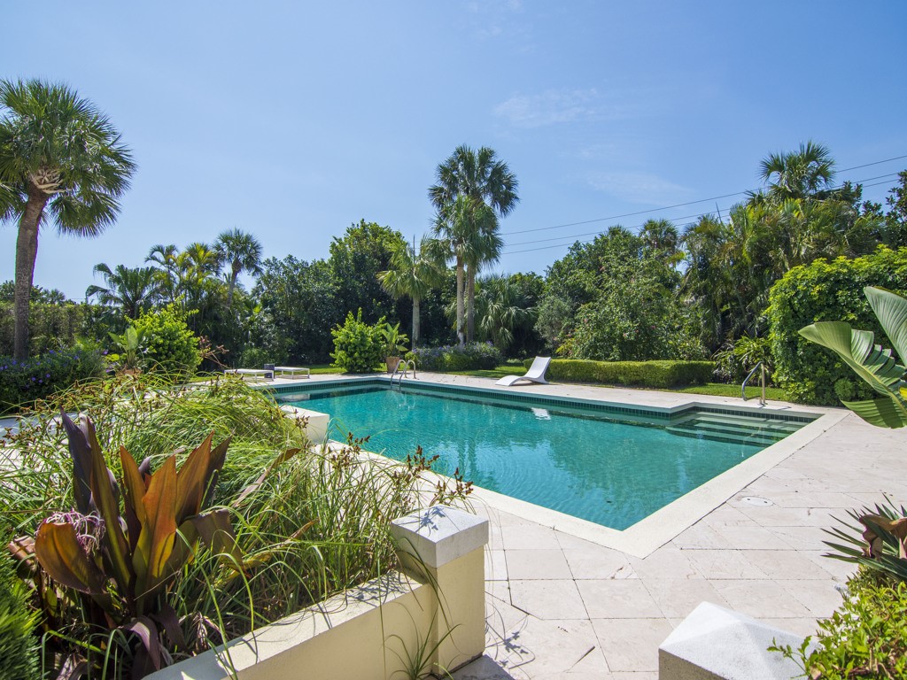 a view of a swimming pool with a yard and palm trees