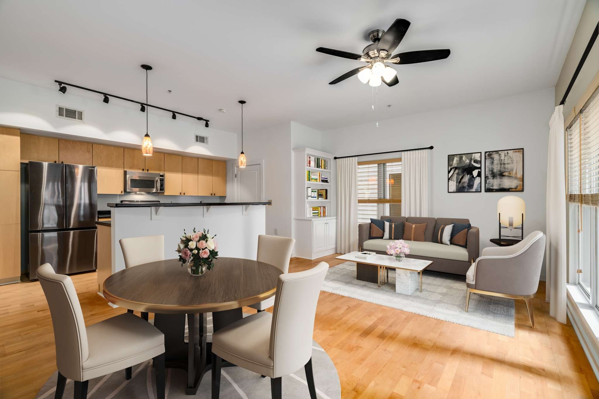 a view of a dining room with furniture