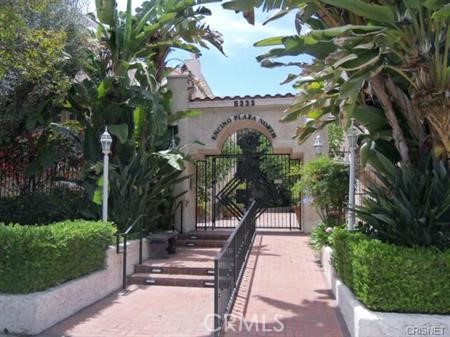 a park view with potted plants and large trees